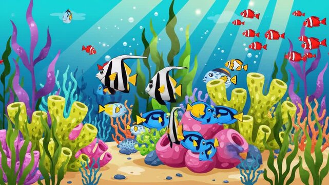 Stunning cartoon ocean environment with bright tropical fish, including clownfish and tangs, swimming over colorful coral and seaweed, great for educational videos or game assets.