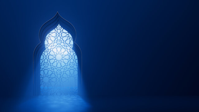 Blue moon light shine through the ornate window into Islamic mosque interior. Ramadan Kareem Islam background with place for text. Traditional holiday elegant 3d backdrop.