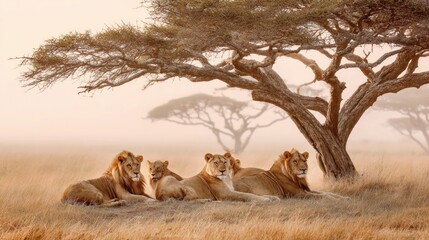 Lion family resting under a tree in the african savanna sunlight