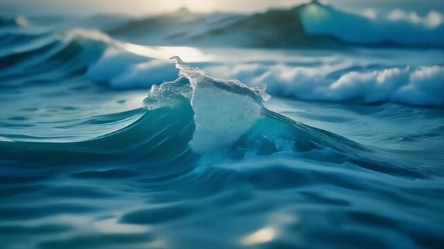 Close-up of turbulent, deep blue ocean waves crashing with white foam, capturing the raw energy and immense power of the sea