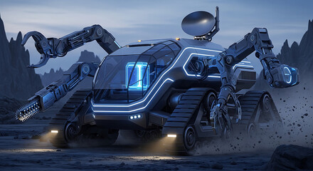 Futuristic robotic vehicle with glowing blue accents navigates rugged terrain on multi-legged mechanism in a dystopian landscape.