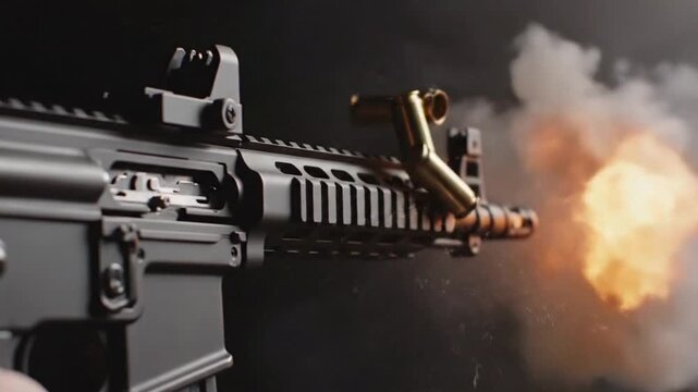Gun firing in a dark setting with smoke and flame during a shooting practice session