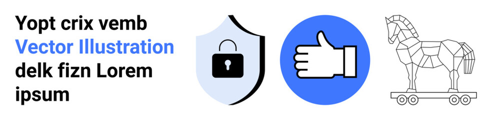 Obraz premium Cybersecurity, online trust, malware threats, safe browsing, internet safety, digital authentication. A lock shield, thumbs up symbol and Trojan horse icon. Cybersecurity and online trust concepts
