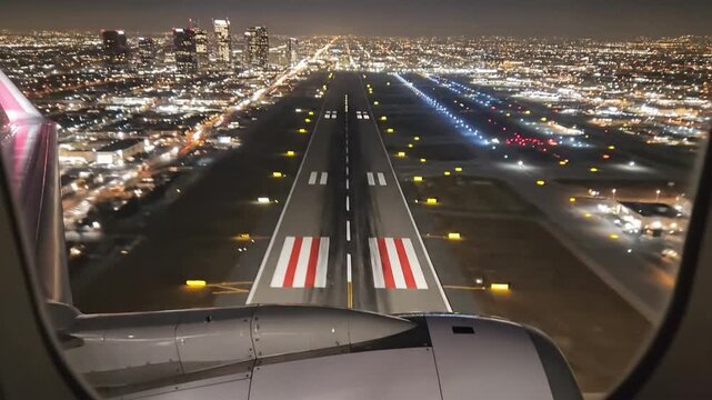 View of city lights from airplane window during night flight to LAX airport in Los Angeles, California