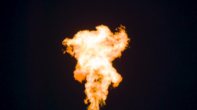 Gas Flaring Process. A powerful pillar of bright flame with swirling fiery tongues in the air on a black background. Slow Motion
