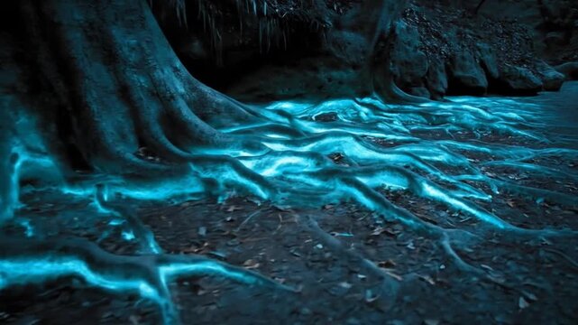 Ethereal Blue Glow from Mystical Tree Roots in Dark Enchanted Forest. Bioluminescent Nature and Fantasy Landscape.