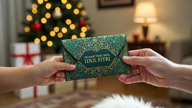 Hands exchanging green Eid al-Fitr gift envelope with gold floral pattern