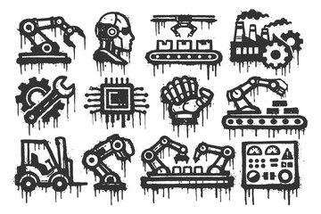 Fototapeta premium Industrial icons: robotics, automation, and machinery in grunge style.