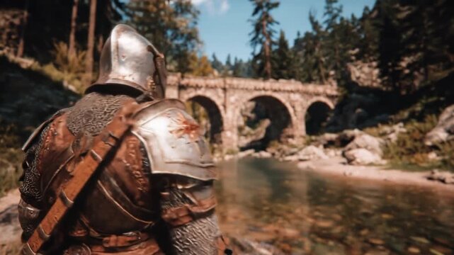 Medieval armored warrior gazes at an ancient stone bridge spanning a tranquil river in a sunlit forest wilderness