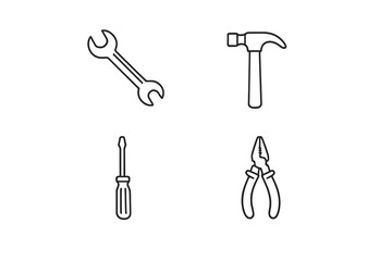 Naklejka premium A collection of four minimalist white outline icons representing common hand tools including a wrench, hammer, screwdriver, and pliers, set against a solid black background.