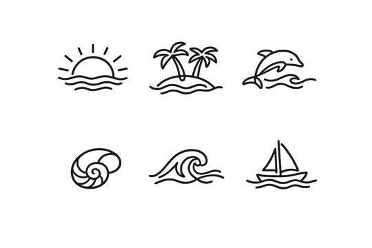 A collection of six minimalist black line art icons featuring a sunset, palm trees on an island, a jumping dolphin, a seashell, a large ocean wave, and a sailboat on the water.