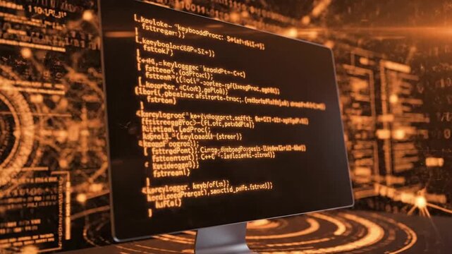 Exploring computer data and coding on a monitor with programming elements displayed in a tech environment