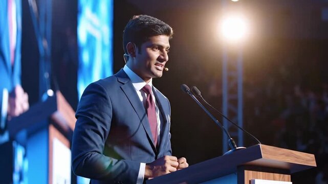Person speaks at large event in front of audience in convention center during evening
