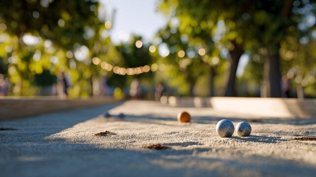 Bocce court on a sunny day with metal balls and a wooden pallino, friends gathering in the background