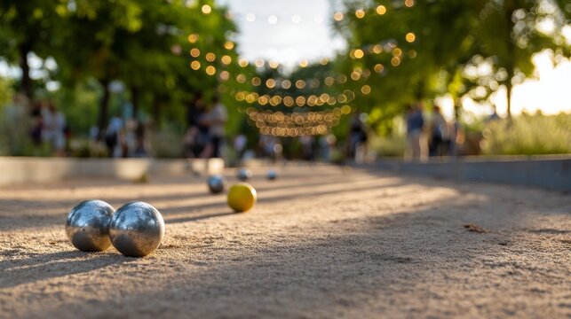 Petanque game in a park with metal boules and jack ball on sand court during a summer evening celebration