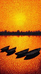 Boats floating on a vibrant river at sunset