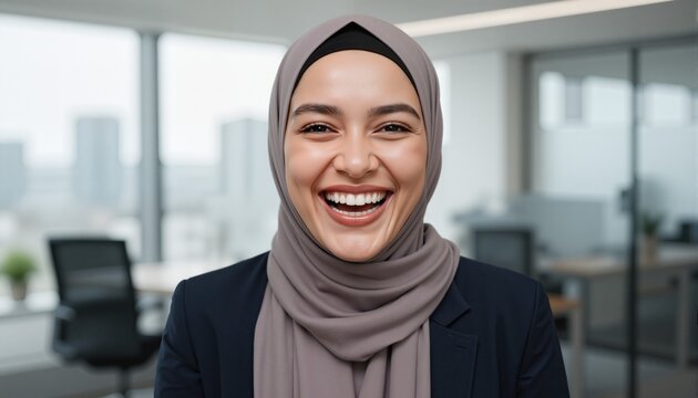 portrait of professional young muslim business woman looking at camera laughing cheerful wearing traditional headscarf in office background
