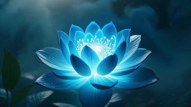 Luminous blue lotus flower radiating light in a mystical, misty environment.