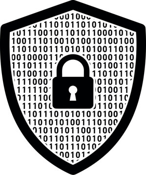 Cyber security shield icon with lock and binary code background for data protection.