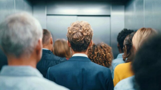 People riding a crowded office elevator, heading up to work in a corporate building environment