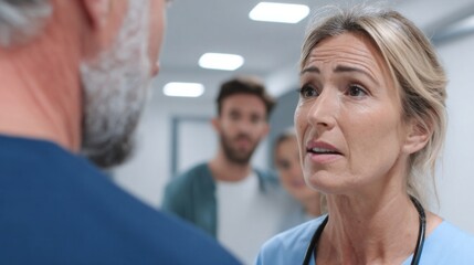 Obraz premium Concerned medical professional communicating with colleague in hospital corridor, worried family members waiting for news