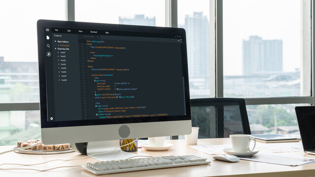 Software development programming on computer screen for modish application and program coding