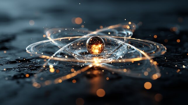 Abstract representation of an atom with light trails circling a luminous central particle