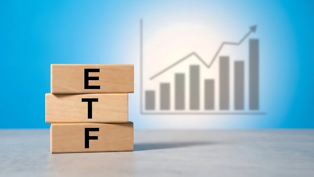 A stack of wooden blocks with etf and a graph in the background