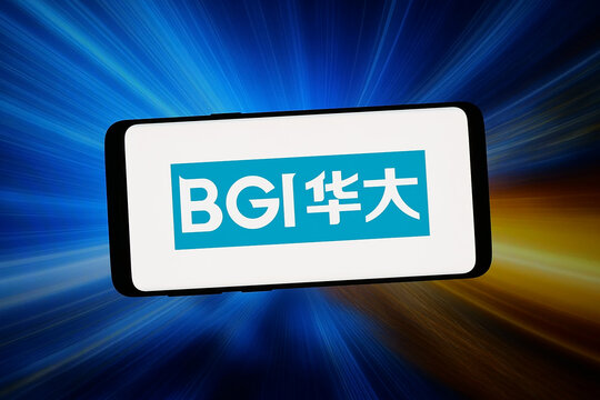 Stuttgart, Germany - 02-09-2026: In this photo illustration, the logo of Chinese genomics company BGI Group is displayed on a smartphone in front of abstract background on computer screen.