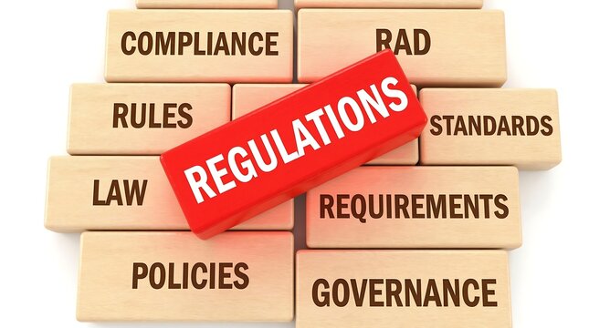 Regulations and compliance concepts on wooden blocks