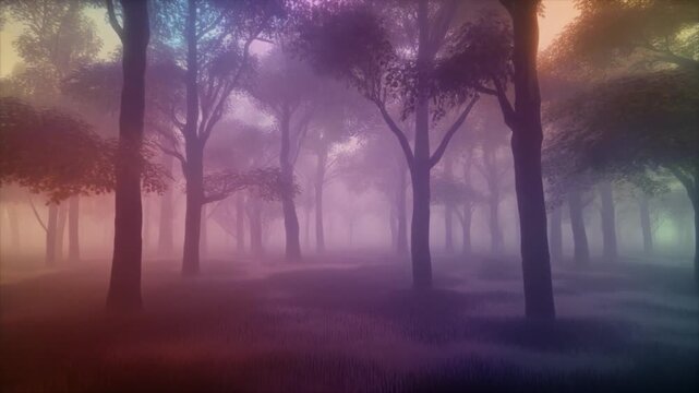 Mysterious, misty forest with colorful sunset light filtering through trees, serene and atmospheric woodland scene