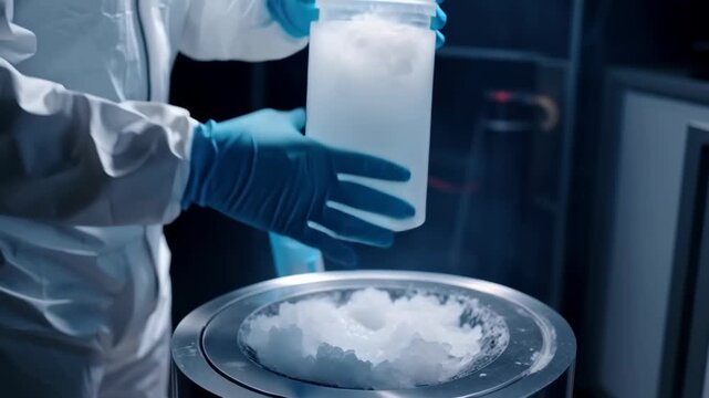 Physician works with frozen donation for cryopreservation of egg and sperm in ivf lab, cryogenics and cryo storage concept