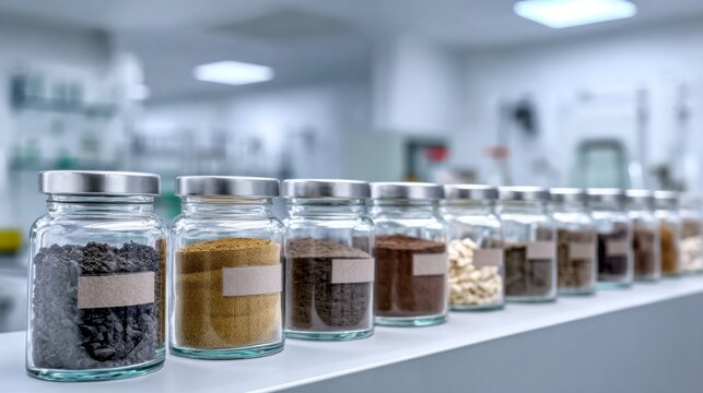 Raw materials and ingredients in a row of glass jars on a laboratory workbench for research and quality control