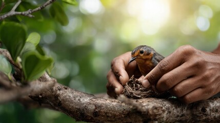 Human hands carefully relocating small bird chick in fragile nest, offering protection, caring for wildlife habitat and nature