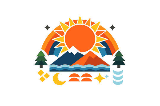 This flat vector illustration depicts a nature scene with a bright sun, rainbow, mountains, and water. It features geometric shapes like stars and a moon against a dark backdrop.