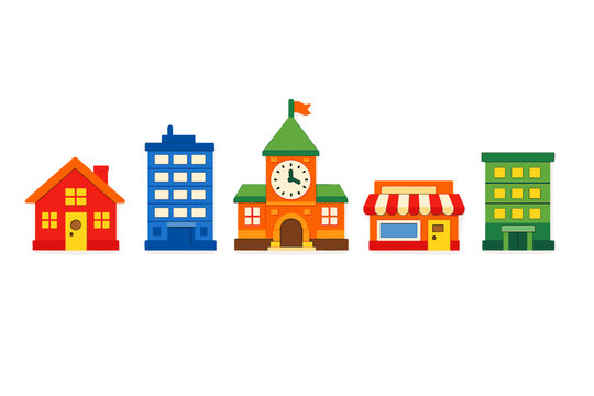 A row of colorful cartoon buildings including a red house, a blue office, a clock tower, a shop with an awning, and a green building, all set against a solid black background.
