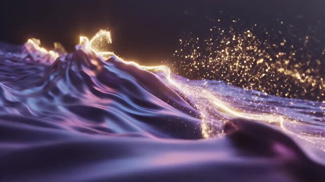 Abstract Silk Waves with Gold Particles - An abstract close-up of gently rolling waves resembling draped silk, video in shades of purple and blue with highlights.