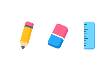 A flat illustration of three essential school supplies including a yellow pencil, a pink and blue eraser, and a light blue ruler, all set against a solid black background. © Mark