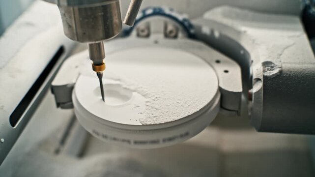 Close up. Professional CNC dental milling machine carving out shape of artificial teeth in the dental lab. One of the steps in making of artificial teeth by dental technician in the clinic.