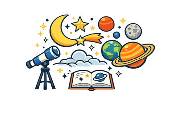 A colorful flat vector illustration featuring a telescope, an open book, planets, stars, and a crescent moon against a dark background, representing astronomy and space exploration. © Alan