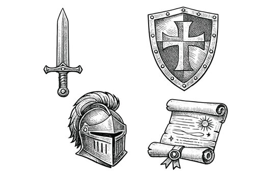 A collection of four medieval-themed illustrations featuring a sword, a shield with a cross, a knight's helmet, and an ancient scroll, all rendered in a vintage engraving style on a black background.