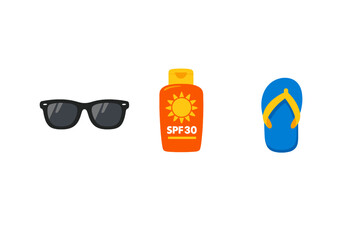 A flat vector illustration featuring essential summer items: black sunglasses, an orange bottle of SPF 30 sunscreen, and a blue flip-flop with yellow straps on a black background.
