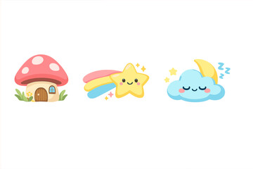 Three cute cartoon illustrations featuring a mushroom house, a smiling shooting star with a colorful trail, and a sleeping blue cloud with a crescent moon on a black background. © Mark