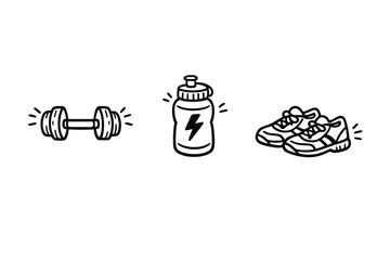 This minimalist line art illustration features a dumbbell, a sports water bottle with a lightning bolt, and a pair of athletic shoes on a solid black background.