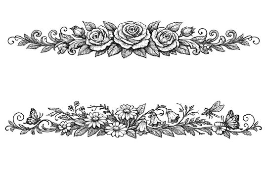 Two vintage hand-drawn floral borders featuring roses, daisies, and butterflies on a black background. These decorative dividers are rendered in a detailed monochrome engraving style.
