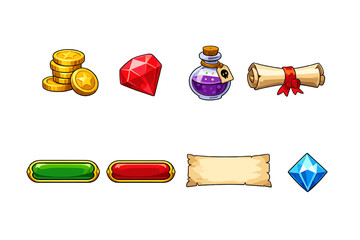 A collection of fantasy game icons featuring gold coins, red and blue gems, a purple potion bottle, parchment scrolls, and colorful UI buttons isolated on a black background.