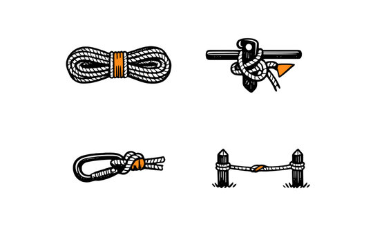 A set of four minimalist illustrations featuring various rope knots, a coiled rope, a carabiner attachment, and a rope fence, all rendered in black and white with orange accents.