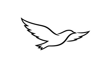 Obraz premium A minimalist black and white line art illustration of a bird in flight with its wings spread wide against a dark background. The stylized outline depicts a sense of freedom and motion.