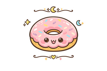 This whimsical illustration features a cute pink donut with a kawaii face and colorful sprinkles. It is decorated with celestial stars and crescent moons against a solid black background.