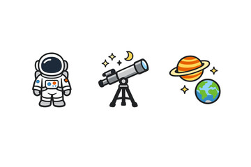 A collection of three space-themed cartoon icons featuring an astronaut in a white suit, a telescope on a tripod under a crescent moon, and the planets Saturn and Earth with stars. © Mark